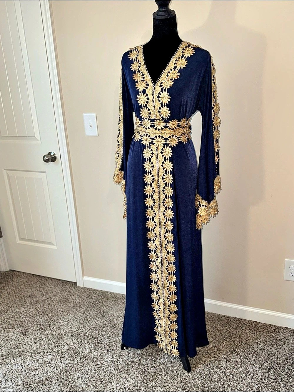 Embroidered Maxi Dress in Blue & Gold